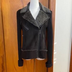 Women's Black Faux Suede Gray Fur Jacket Sweater Sleeves Versatile Layers P2P 19